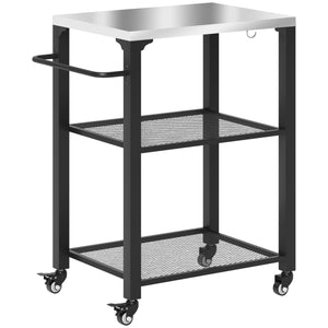 Outsunny Three-Shelf Outdoor Grill Cart with Stainless Steel Tabletop, 22" x 16.1" Multifunctional Pizza Oven Table with Hooks, Side Handle, Movable Food Prep Table with Wheels