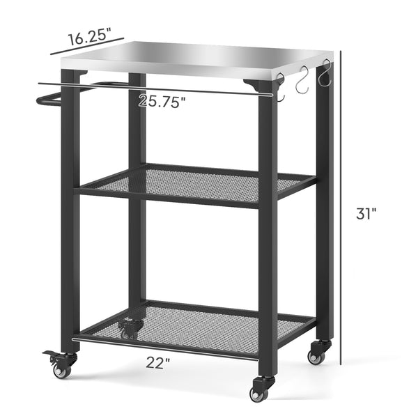 Outsunny Three-Shelf Outdoor Grill Cart with Stainless Steel Tabletop, 22" x 16.1" Multifunctional Pizza Oven Table with Hooks, Side Handle, Movable Food Prep Table with Wheels