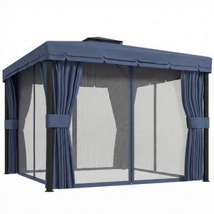 3 x 3(m) Patio Gazebo Canopy Garden Pavilion Tent Shelter Marquee with 2 Tier Water Repellent Roof, Mosquito Netting and Curtains, Aluminium Frame, Dark Blue