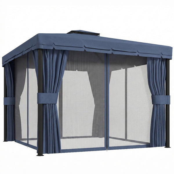 3 x 3(m) Patio Gazebo Canopy Garden Pavilion Tent Shelter Marquee with 2 Tier Water Repellent Roof, Mosquito Netting and Curtains, Aluminium Frame, Dark Blue