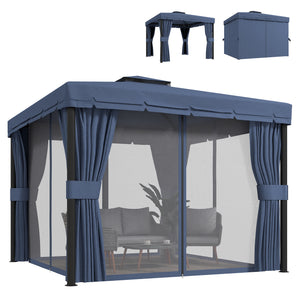 3 x 3(m) Patio Gazebo Canopy Garden Pavilion Tent Shelter Marquee with 2 Tier Water Repellent Roof, Mosquito Netting and Curtains, Aluminium Frame, Dark Blue