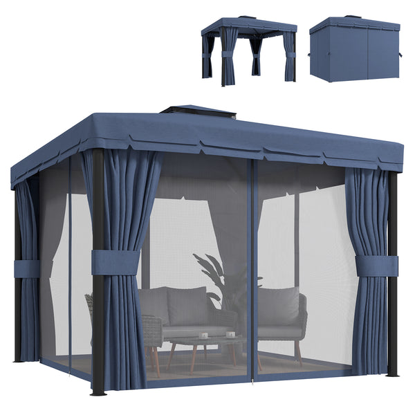 3 x 3(m) Patio Gazebo Canopy Garden Pavilion Tent Shelter Marquee with 2 Tier Water Repellent Roof, Mosquito Netting and Curtains, Aluminium Frame, Dark Blue