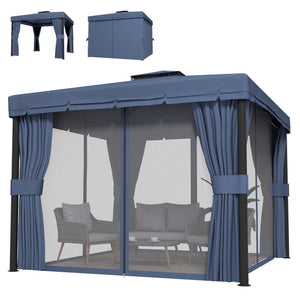 3 x 3(m) Patio Gazebo Canopy Garden Pavilion Tent Shelter Marquee with 2 Tier Water Repellent Roof, Mosquito Netting and Curtains, Aluminium Frame, Dark Blue
