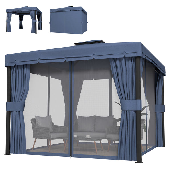 3 x 3(m) Patio Gazebo Canopy Garden Pavilion Tent Shelter Marquee with 2 Tier Water Repellent Roof, Mosquito Netting and Curtains, Aluminium Frame, Dark Blue