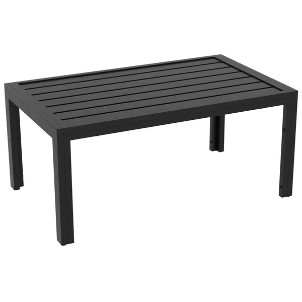 Outsunny Patio Coffee Table, Rectangle Outdoor Side Table with Steel Frame and Slat Tabletop for Garden, Balcony, Backyard, Porch, Black