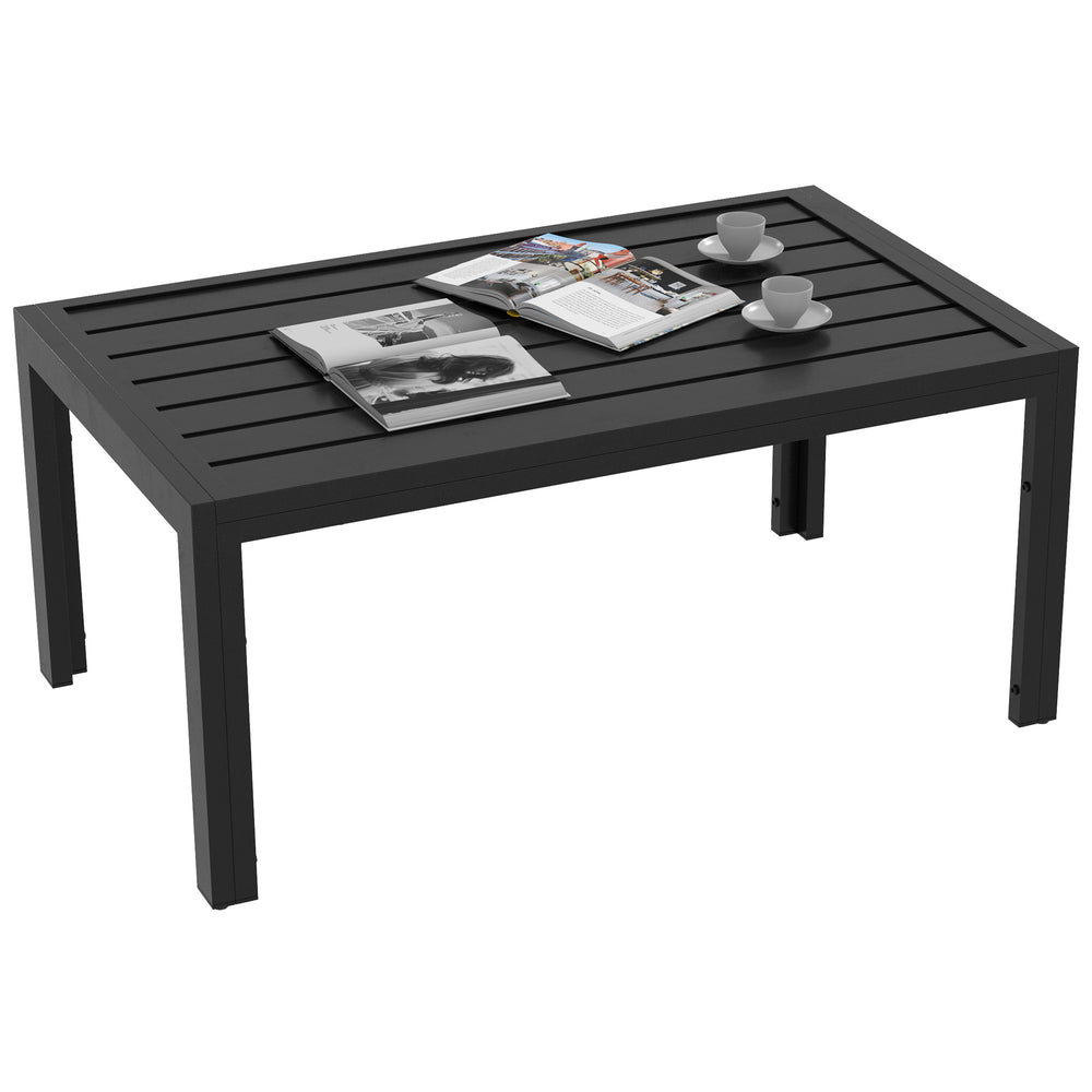 Garden Coffee Table, Rectangular Patio Side Table with Steel Frame and Slat Tabletop for Outdoor, Balcony, 101.5 x 61cm, Black