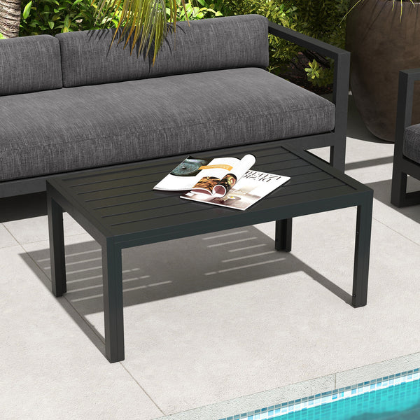 Garden Coffee Table, Rectangular Patio Side Table with Steel Frame and Slat Tabletop for Outdoor, Balcony, 101.5 x 61cm, Black