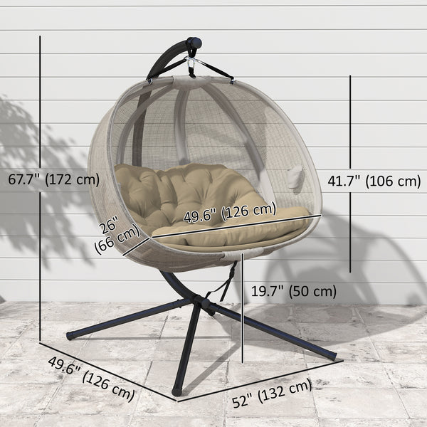 Double Egg Chair with Stand, 2 Person Hanging Swing Egg Chair Outdoor Indoor, 528 LBS Capacity Loveseat Hammock Swing with Cushion, Pockets, Khaki