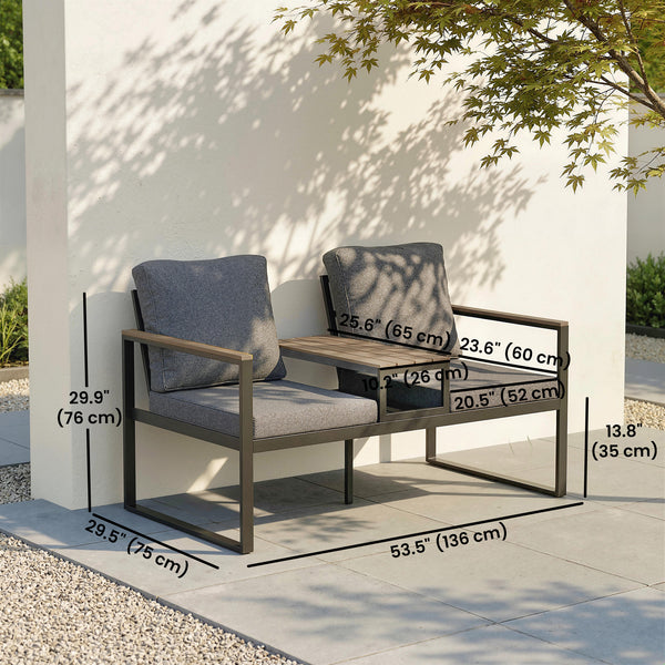 Outdoor Garden Bench, Patio Bench with Metal Frame, Integrated Center Table and Thick Cushions, 2-Seat Patio Loveseat, Light Grey