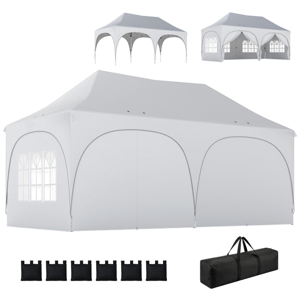 3 x 6m Pop Up Gazebo with Sides, 6 Sandbags, Peak Top Height Adjustable Outdoor Garden Party Tent Marquee Wedding Awning Canopy Instant Event Shelter with Carry Bag, Windows, Light Grey/White