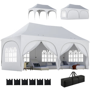 3 x 6m Pop Up Gazebo with Sides, 6 Sandbags, Peak Top Height Adjustable Outdoor Garden Party Tent Marquee Wedding Awning Canopy Instant Event Shelter with Carry Bag, Windows, Light Grey/White