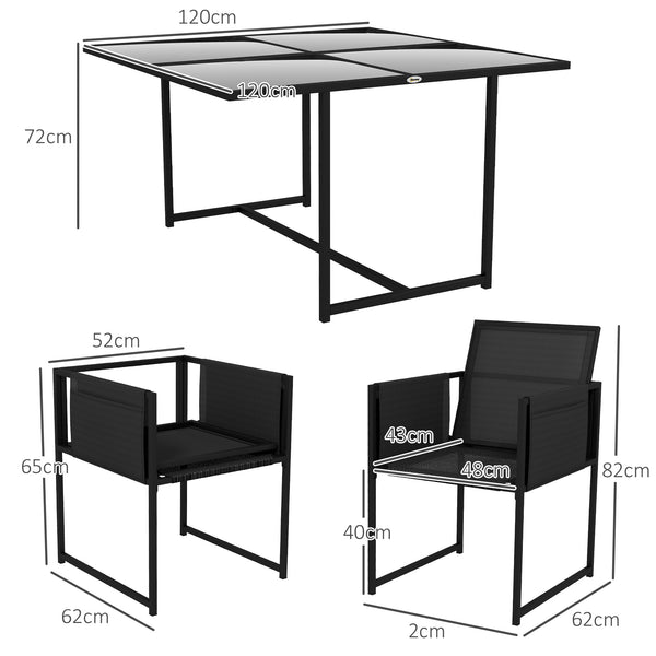 5 Piece Garden Dining Set, 4 Seater Outdoor Table and Chairs with Texteline Seat, Space Saving Cube Set with Foldable Backrest, Tempered Glass Table Top, for Patio, Black