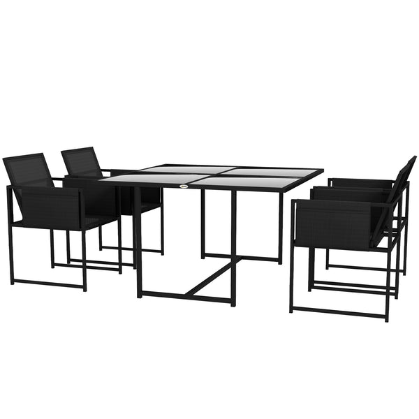 5 Piece Garden Dining Set, 4 Seater Outdoor Table and Chairs with Texteline Seat, Space Saving Cube Set with Foldable Backrest, Tempered Glass Table Top, for Patio, Black