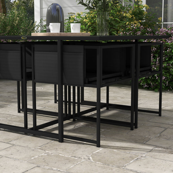 5 Piece Garden Dining Set, 4 Seater Outdoor Table and Chairs with Texteline Seat, Space Saving Cube Set with Foldable Backrest, Tempered Glass Table Top, for Patio, Black