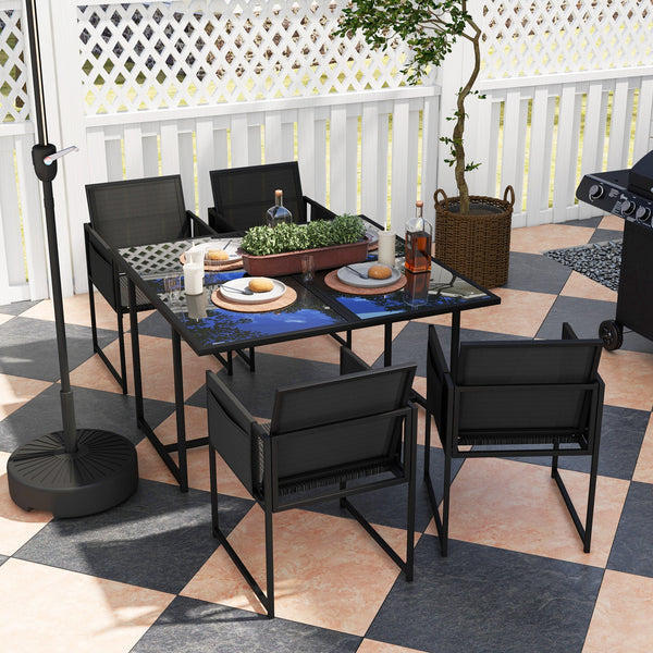 5 Piece Garden Dining Set, 4 Seater Outdoor Table and Chairs with Texteline Seat, Space Saving Cube Set with Foldable Backrest, Tempered Glass Table Top, for Patio, Black