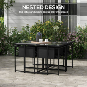 5 Piece Garden Dining Set, 4 Seater Outdoor Table and Chairs with Texteline Seat, Space Saving Cube Set with Foldable Backrest, Tempered Glass Table Top, for Patio, Black