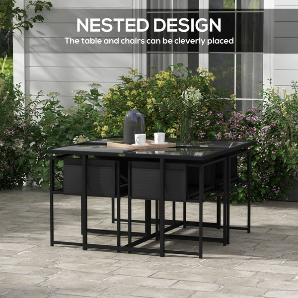 5 Piece Garden Dining Set, 4 Seater Outdoor Table and Chairs with Texteline Seat, Space Saving Cube Set with Foldable Backrest, Tempered Glass Table Top, for Patio, Black