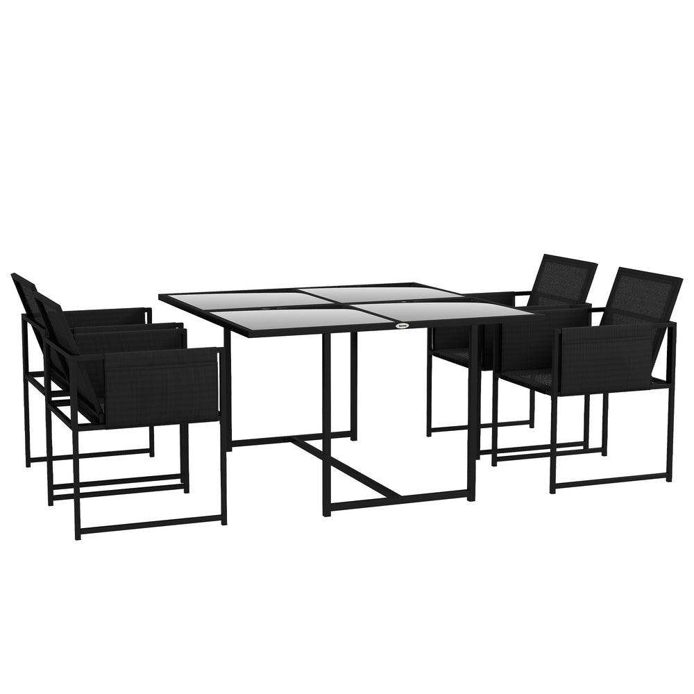 5 Piece Garden Dining Set, 4 Seater Outdoor Table and Chairs with Texteline Seat, Space Saving Cube Set with Foldable Backrest, Tempered Glass Table Top, for Patio, Black