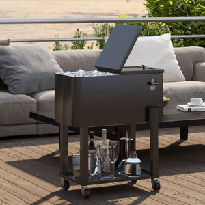 60 Quart Rolling Patio Cooler Cart, Portable Outdoor Cooler with Locking Wheels, Storage Shelf, Steel Bottle Opener, Ice Chest for Patio Backyard Party BBQ, Black