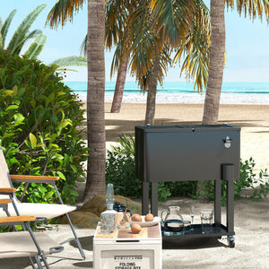 60 Quart Rolling Patio Cooler Cart, Portable Outdoor Cooler with Locking Wheels, Storage Shelf, Steel Bottle Opener, Ice Chest for Patio Backyard Party BBQ, Black