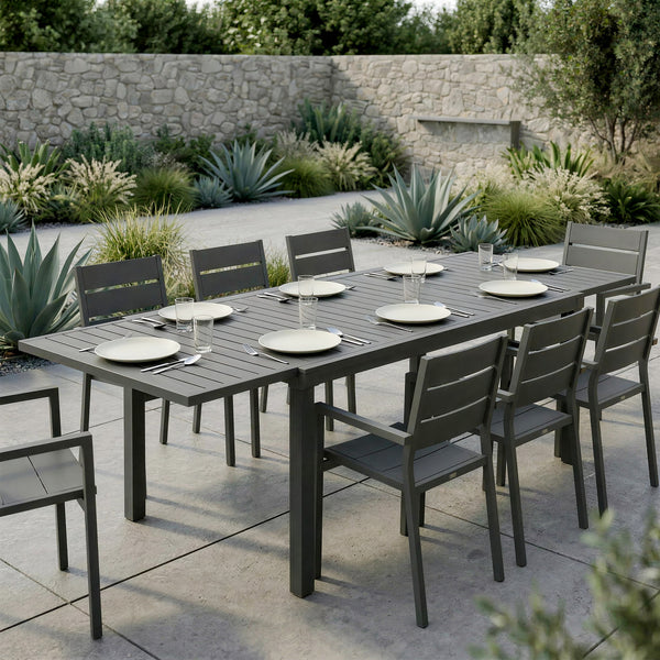 Extending Garden Table for 6-8 People, Full Aluminium Outdoor Dining Table with Slatted Top, Weatherproof Outdoor Dining Furniture for Patio, Balcony, 150/225 x 85 x 75 cm, Dark Grey