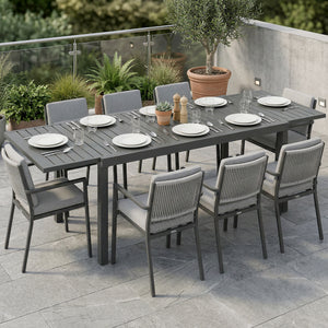 Extending Garden Table for 6-8 People, Full Aluminium Outdoor Dining Table with Slatted Top, Weatherproof Outdoor Dining Furniture for Patio, Balcony, 150/225 x 85 x 75 cm, Dark Grey