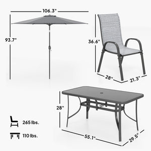 8 Pieces Patio Table and Chairs Set with 9 Ft Patio Umbrella, Outdoor Dining Set with 4.6 Ft Dining Table and 6 Chairs, Push Button Tilt and Crank Parasol, Tempered Glass Top, Mixed Gray