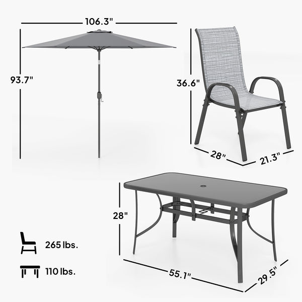 8 Pieces Patio Table and Chairs Set with 9 Ft Patio Umbrella, Outdoor Dining Set with 4.6 Ft Dining Table and 6 Chairs, Push Button Tilt and Crank Parasol, Tempered Glass Top, Mixed Gray