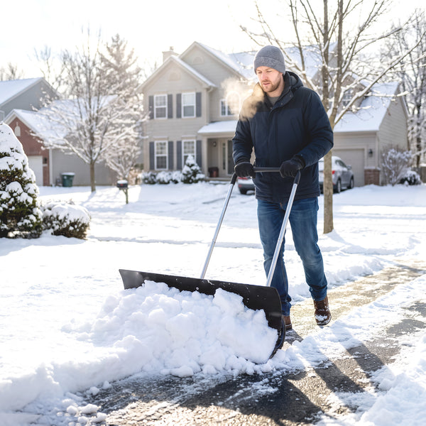Snow Shovel with Wheels, 37-Inch Extra Wide Heavy Duty Aluminum Snow Pusher with Ergonomic Adjustable Handle, Angled Blade, Non-Slip Grip for Driveway, Sidewalks, Black