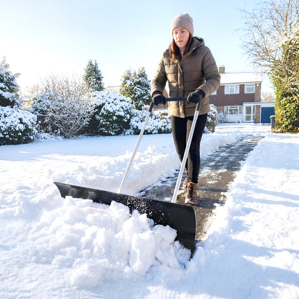 Snow Shovel with Wheels, 37-Inch Extra Wide Heavy Duty Aluminum Snow Pusher with Ergonomic Adjustable Handle, Angled Blade, Non-Slip Grip for Driveway, Sidewalks, Black