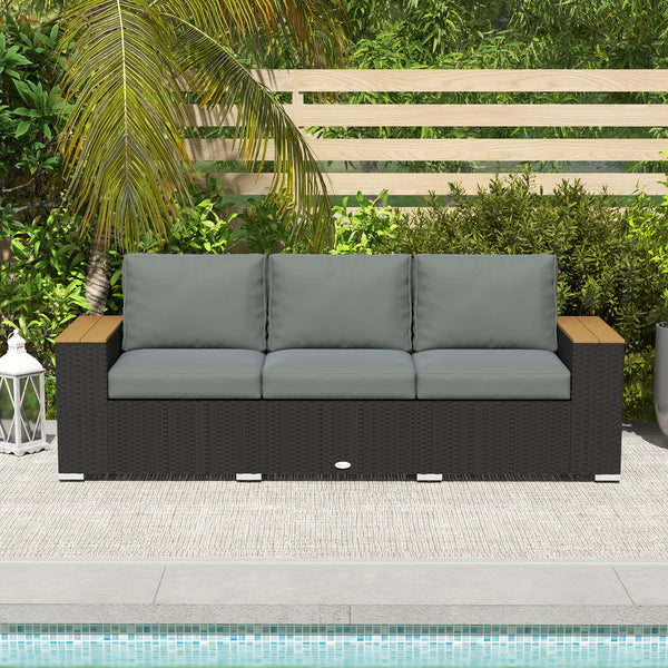 Outsunny 3-Seat Outdoor Patio Sofa with Cushions, PE Rattan Wicker Sofa with Wood Grain Wide Armrests, Outdoor Wicker Couch for Porch, Garden, Sunroom, Poolside, Dark Gray