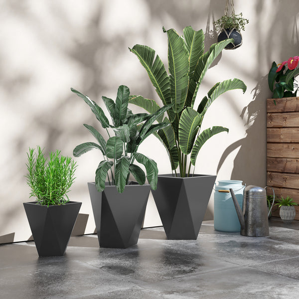 Outsunny Set of 3 Tall Planters, 18", 15.25", 11.75", MgO Indoor Outdoor Planters with Drainage Holes, Stackable Flower Pots for Garden, Patio, Balcony, Front Door, Gray