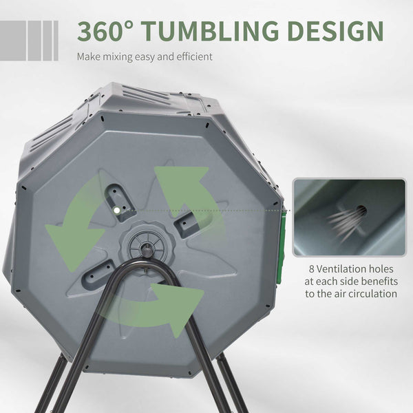 Outsunny Tumbling Compost Bin Outdoor 360° Dual Chamber Rotating Composter 43 Gallon, Light Gray