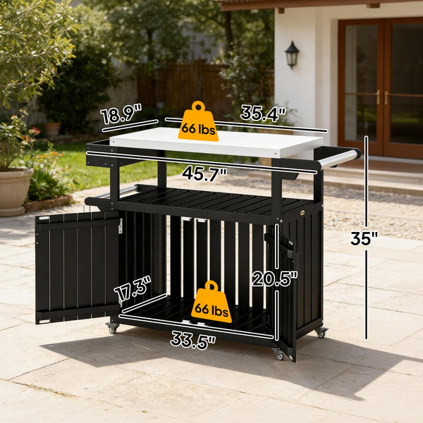 Outdoor Bar Cart with Storage Cabinet, Stainless Steel Top Kitchen Island on Wheels, HDPE Outdoor Bar Table, Movable Patio Beverage Food Prep Table for BBQ Picnic, Black