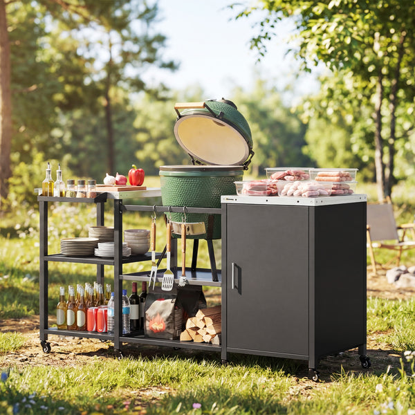 Grill Table for Big Green Egg Grill, Heavy Duty Metal BBQ Prep Table with Stainless Steel Top, Storage Cabinet, Spice Rack, Paper Towel Rack, Outdoor Kitchen Island with Wheels, Hooks, Handle