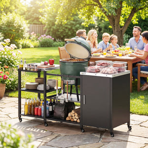 Grill Table for Big Green Egg Grill, Heavy Duty Metal BBQ Prep Table with Stainless Steel Top, Storage Cabinet, Spice Rack, Paper Towel Rack, Outdoor Kitchen Island with Wheels, Hooks, Handle
