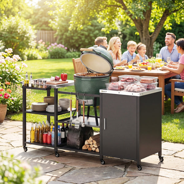 Grill Table for Big Green Egg Grill, Heavy Duty Metal BBQ Prep Table with Stainless Steel Top, Storage Cabinet, Spice Rack, Paper Towel Rack, Outdoor Kitchen Island with Wheels, Hooks, Handle