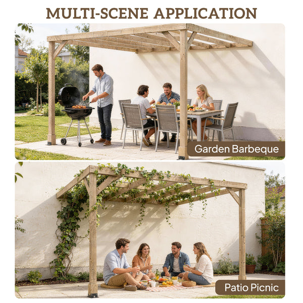 3 x 3 m Lean-To Wooden Pergola Kit, Decorative Garden Gazebo with Stable Structure and Concrete Anchors, Grape Trellis for Climbing Vines, Flowers, Garden Patio, Light Brown