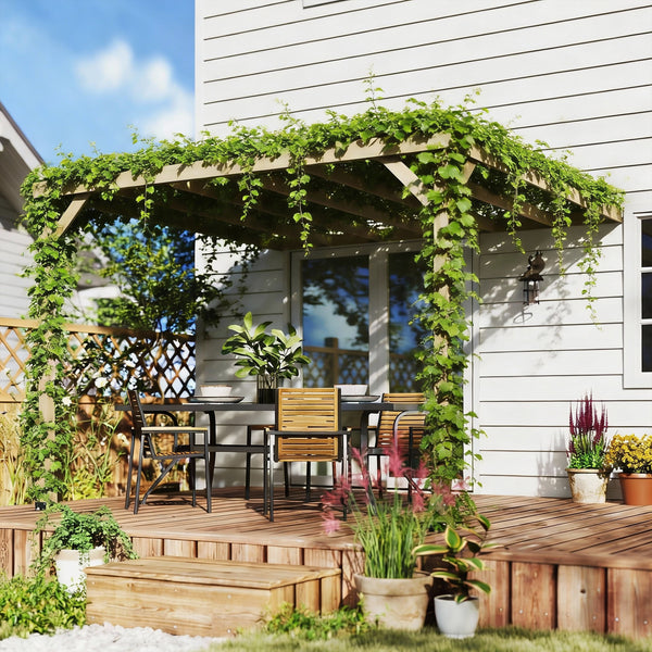 3 x 3 m Lean-To Wooden Pergola Kit, Decorative Garden Gazebo with Stable Structure and Concrete Anchors, Grape Trellis for Climbing Vines, Flowers, Garden Patio, Light Brown