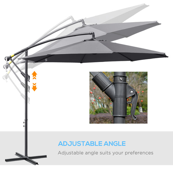 10ft Offset Patio Umbrella with Base, Garden Hanging Parasol with Crank, Banana Cantilever Umbrella Sun Shade, Grey
