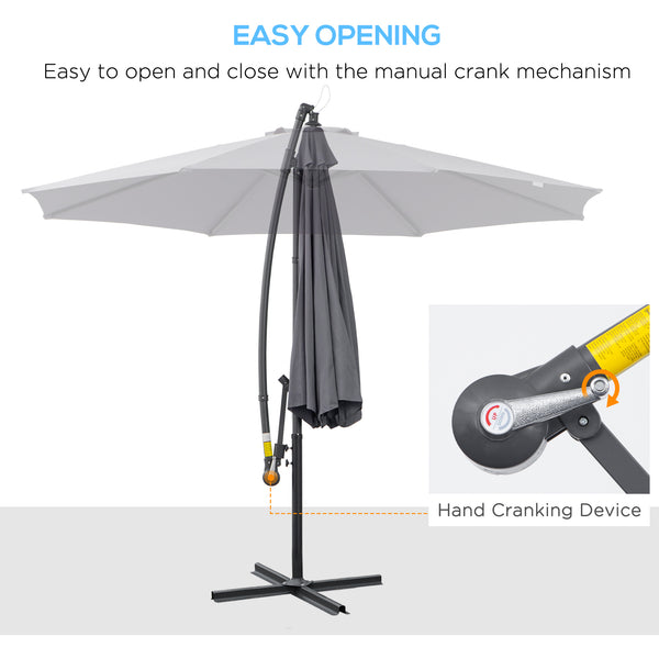 10ft Offset Patio Umbrella with Base, Garden Hanging Parasol with Crank, Banana Cantilever Umbrella Sun Shade, Grey