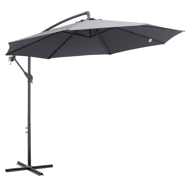 10ft Offset Patio Umbrella with Base, Garden Hanging Parasol with Crank, Banana Cantilever Umbrella Sun Shade, Grey