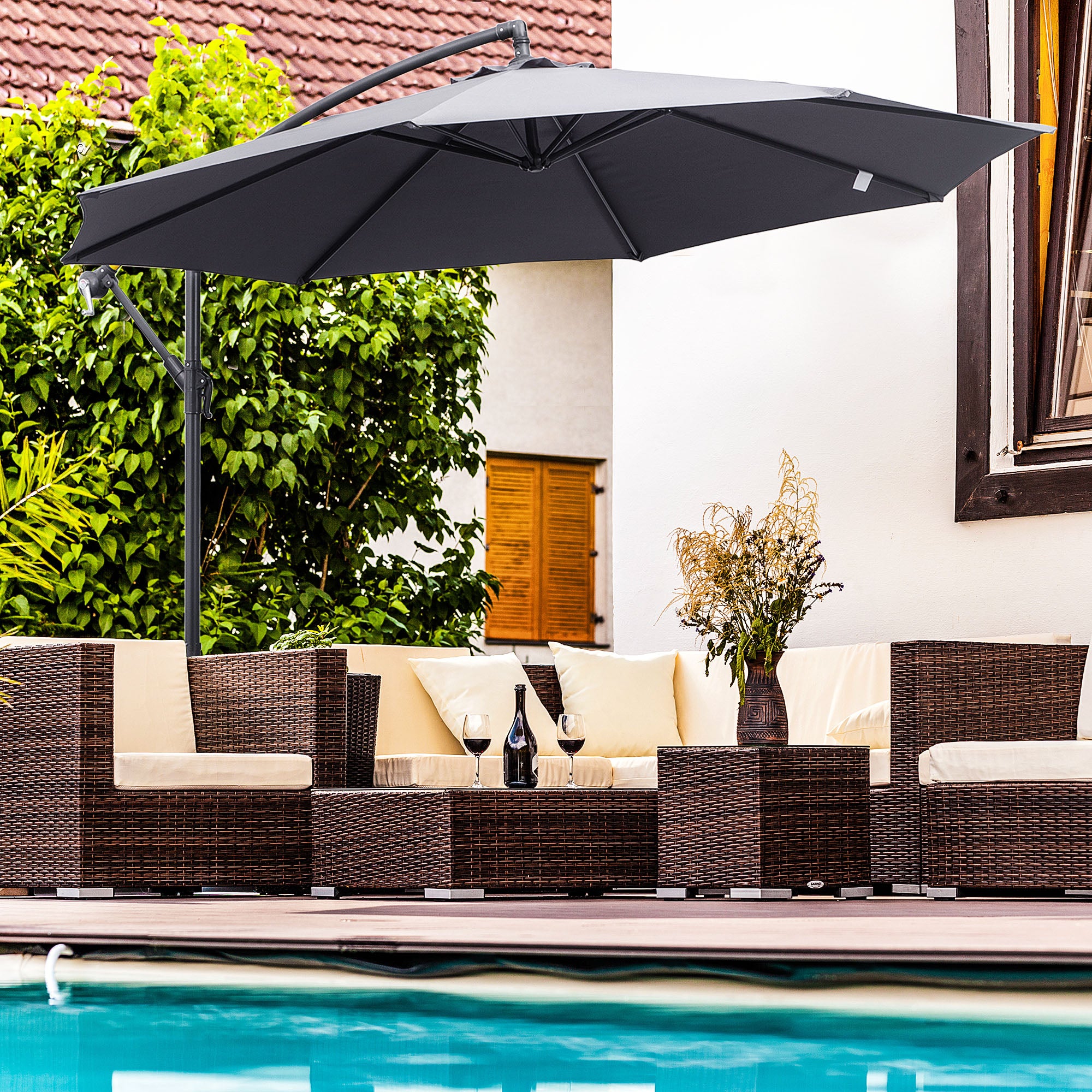 Outsunny 10' Offset Cantilever Patio Umbrella with Base & Crank, Grey Outsunny 10' Offset Cantilever Patio Umbrella with Base & Crank, Grey
