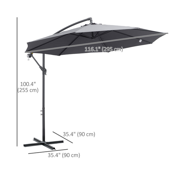 10ft Offset Patio Umbrella with Base, Garden Hanging Parasol with Crank, Banana Cantilever Umbrella Sun Shade, Grey
