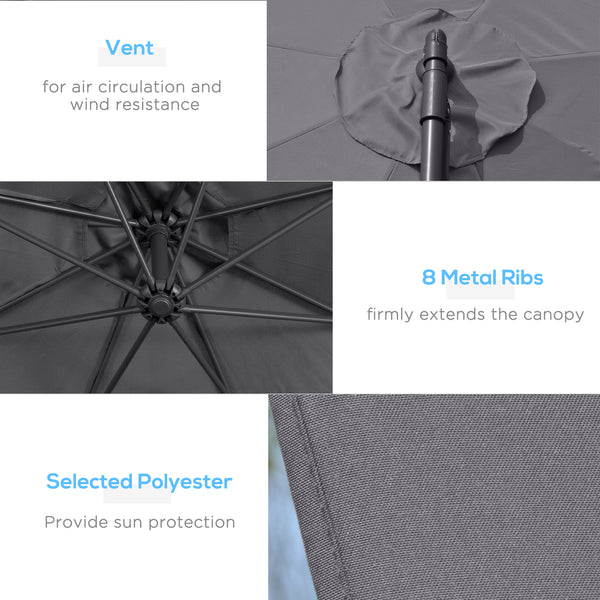 10ft Offset Patio Umbrella with Base, Garden Hanging Parasol with Crank, Banana Cantilever Umbrella Sun Shade, Grey