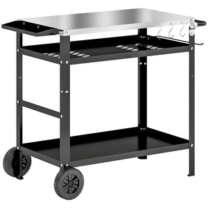 BBQ Trolley with Stainless Steel Top Adjustable Shelf, Outdoor Kitchen BBQ Station with Hooks Seasoning Tray Towel Rack, Pizza Oven Table Movable Outdoor Grill Dining Cart with Cover, Black