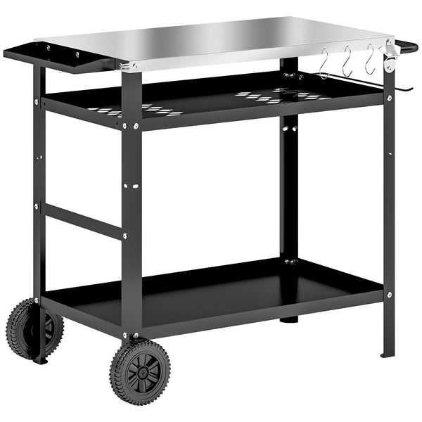 BBQ Trolley with Stainless Steel Top Adjustable Shelf, Outdoor Kitchen BBQ Station with Hooks Seasoning Tray Towel Rack, Pizza Oven Table Movable Outdoor Grill Dining Cart with Cover, Black