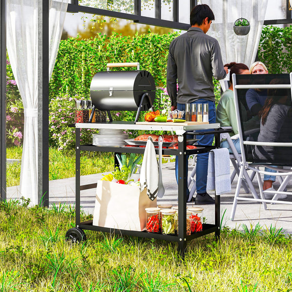 BBQ Trolley with Stainless Steel Top Adjustable Shelf, Outdoor Kitchen BBQ Station with Hooks Seasoning Tray Towel Rack, Pizza Oven Table Movable Outdoor Grill Dining Cart with Cover, Black