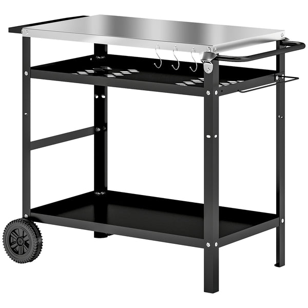 BBQ Trolley with Stainless Steel Top Adjustable Shelf, Outdoor Kitchen BBQ Station with Hooks Seasoning Tray Towel Rack, Pizza Oven Table Movable Outdoor Grill Dining Cart with Cover, Black