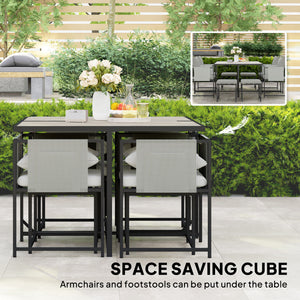 9 Piece Garden Dining Set, Cube Outdoor Garden Furniture Set with Cushions, 8 Seater Garden Table and Chairs with 4 Stools, Square Plastic Top Table, Side Pockets for Conservatory, Dark Grey